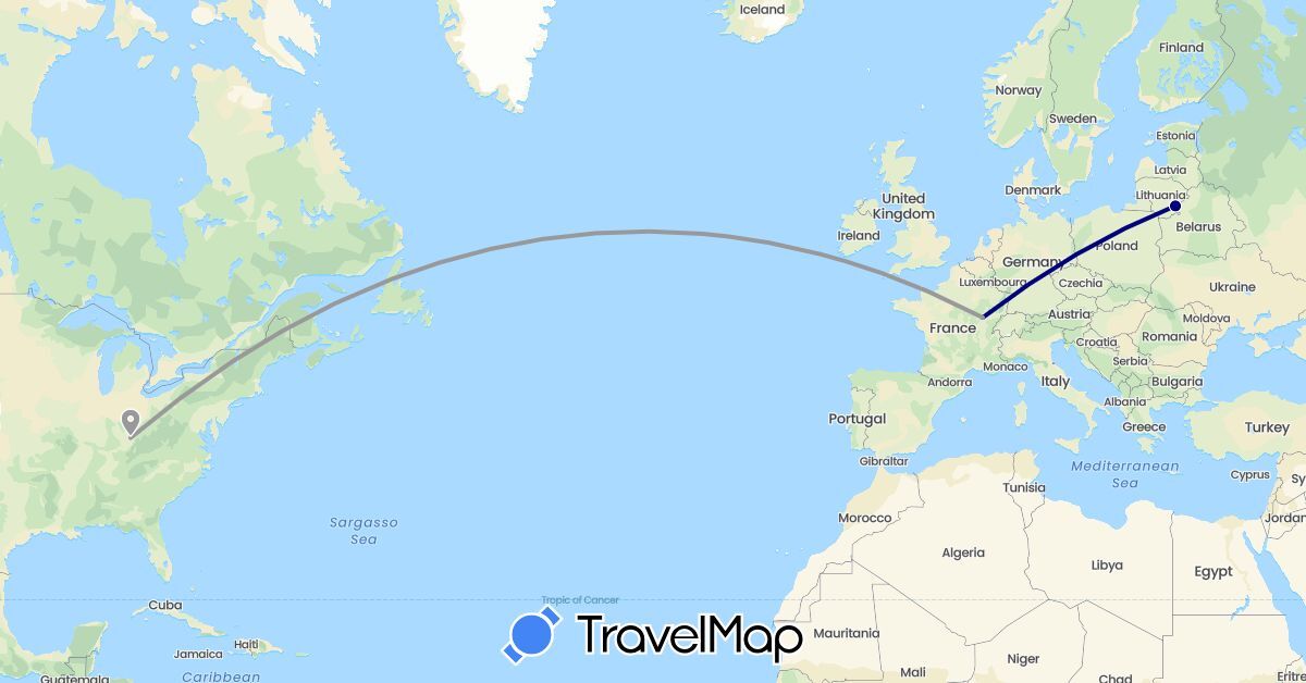 TravelMap itinerary: driving, plane in France, Lithuania, United States (Europe, North America)